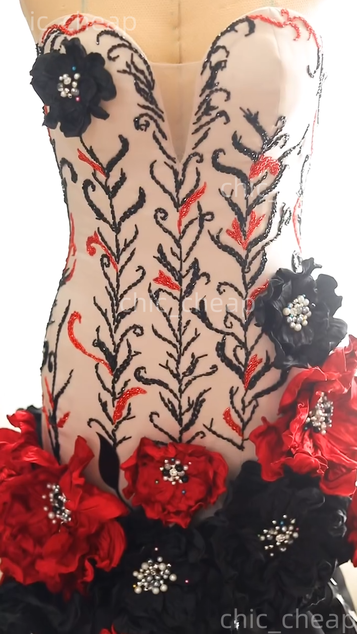 2025 Black Red Mermaid Prom Dresses Beaded Pearls Flowers Satin Evening Formal Party Second Birthday Engagement Gowns Plus Size Dress For Special Occa