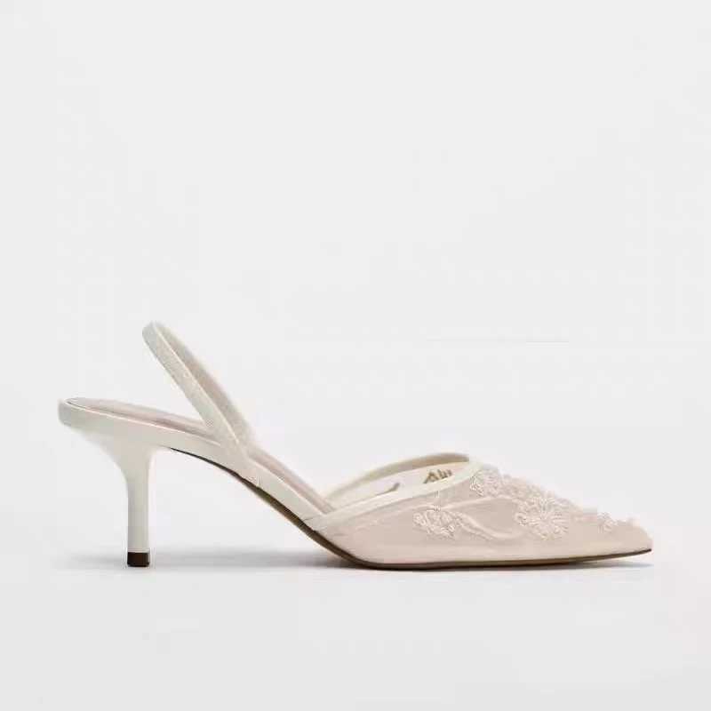 TRAF Wan Vintage Embroidered High H White Pointed Toe Stiletto High H Pumps Autumn Elegant Fem Slingback High H Y250304