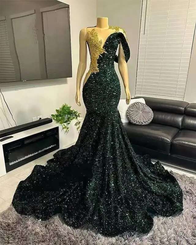 Dark Green V-Neck Prom Dresses Long Beaded Asymmetric Layered Evening Party Ball Gowns Veet Sequin 2024 Black Women Dias