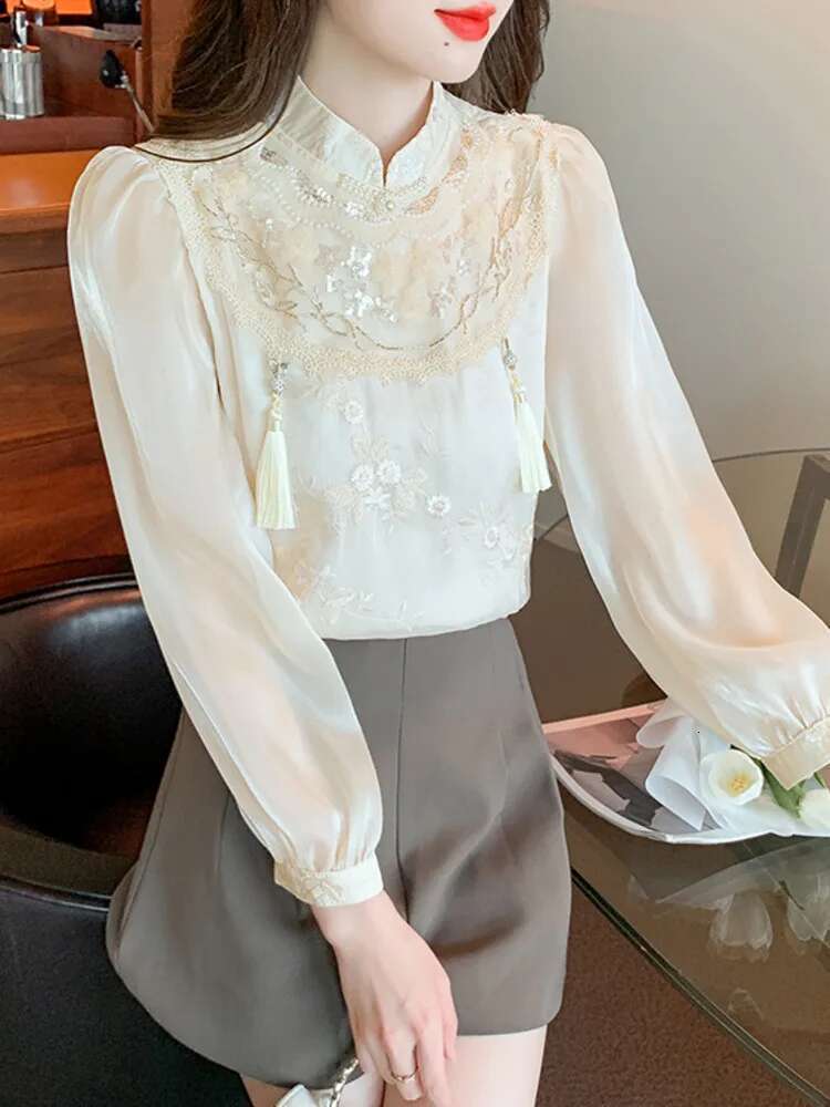 #2547 Spring Vinage Chiffon Women Stand Collar Ladies Tops And Blouses Split Joint Sequined Embroidery Long Sleeve Blouse