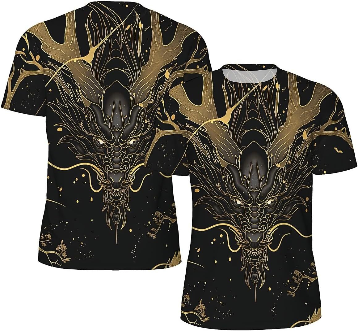 Mens T shirt Men's Novelty T-Shirts Graphic 3D Print Short Sleeve Summer T-Shirt Golden Lines Dragon tee Casual tops summer clothes Dragon patter