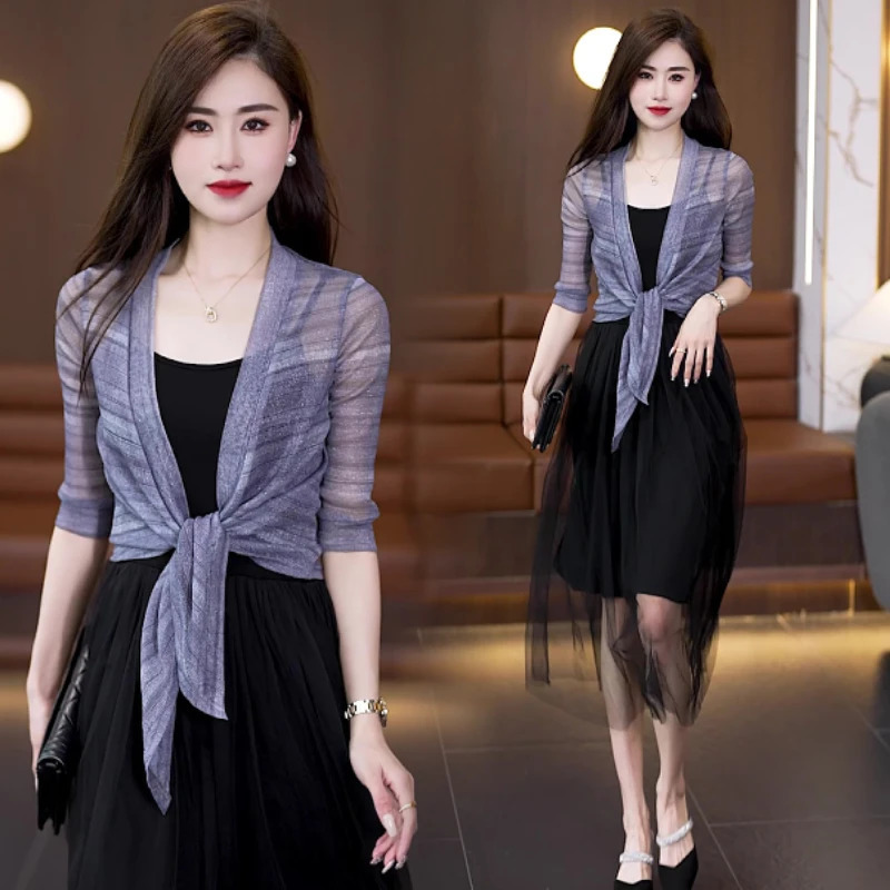 #3514 Tie Dye Striped Asymmetrical Sunscreen Jacket Women Thin Sexy Short Kimono Jacket Cardigan Wrap Outerwear Womens Summer 250304