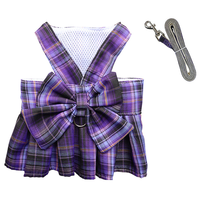 Plaid Dog Dress Bow Tie Harness Leash Set, Dog Harness Dress for Small Cute Dogs Cats Girl, Puppy Yorkie Chihuahua Spring Summer Clothes for Pet Outfi