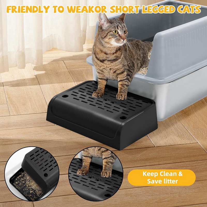 Cat Litter Box Ramp With Filter Function, Double Layered Self-Cleaning Cat Litter Box Litter Trapper With Storage