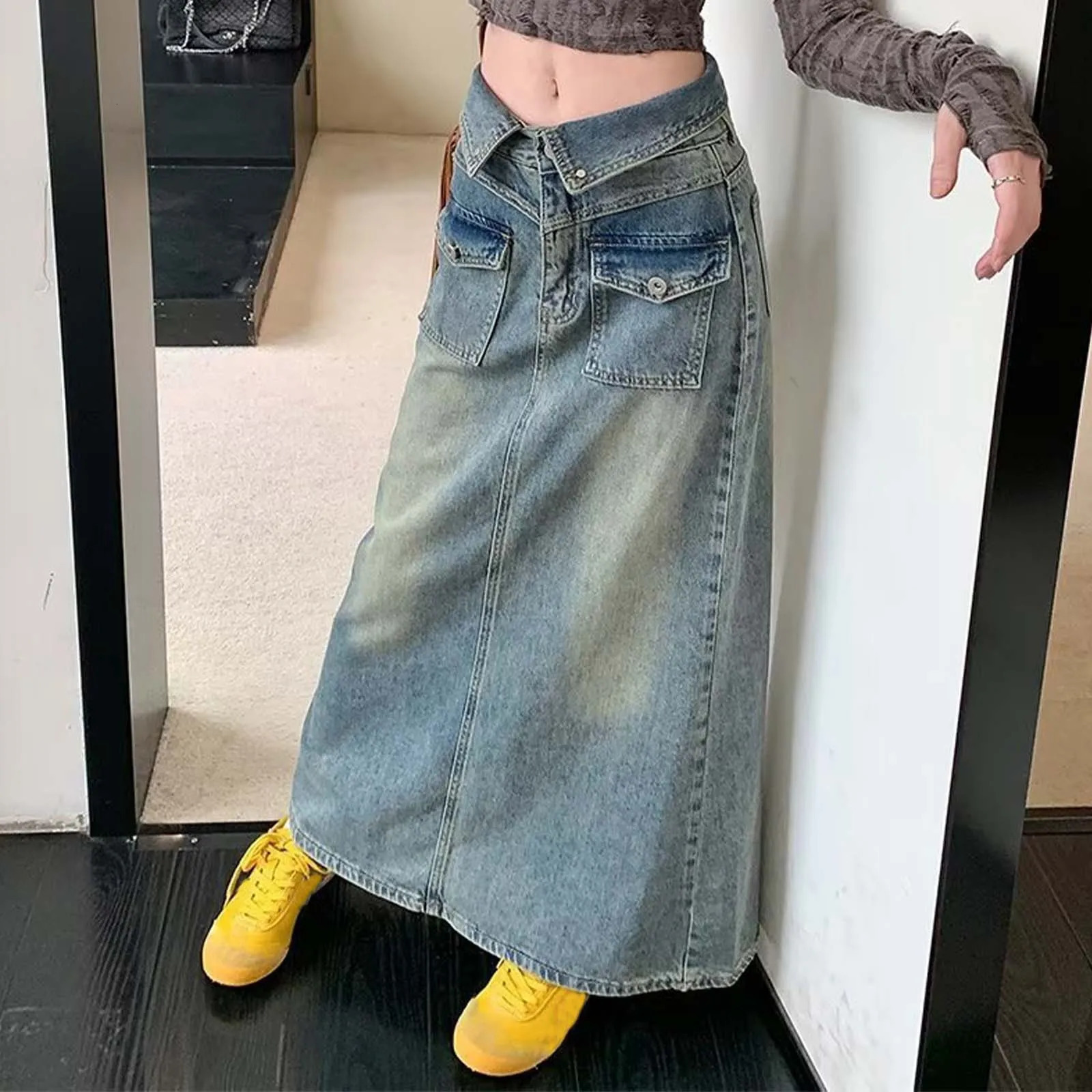 Summer Denim Skirt Korean Fashion Split Straight Skirt Blue Gray Slim Fit Long Skirts Y2k Vintage High Waisted Skirt Women 250228