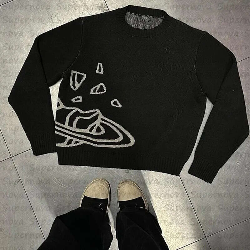 Space Planet Star Knitted Knight Youth Y2K Women's Black Warm Top Men's Loose