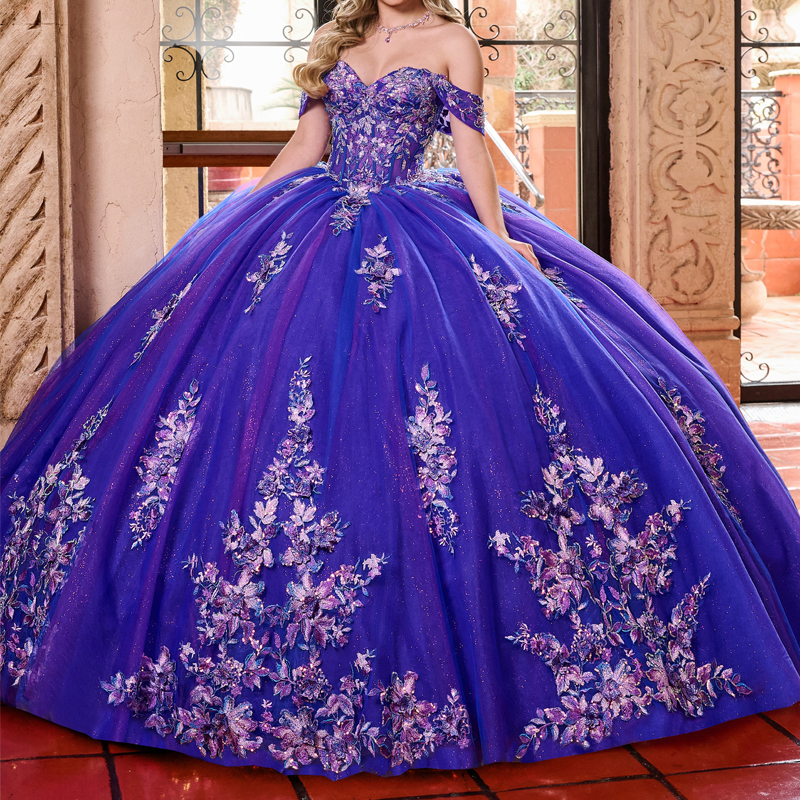 Royal Blue Shiny Quinceanera Dresses Ball Gown Off The Shoulder Applique Lace Corset Tull Party Birthday Sweet 16 Vestidos 15 Anos