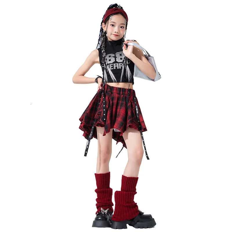 Kids Hip Hop Crop Top Plaid Street Dance Skirt Girls Ribbon Pleated Skirts Teens Jazz Cool Costumes Child Streetwear Clothes Set 250304