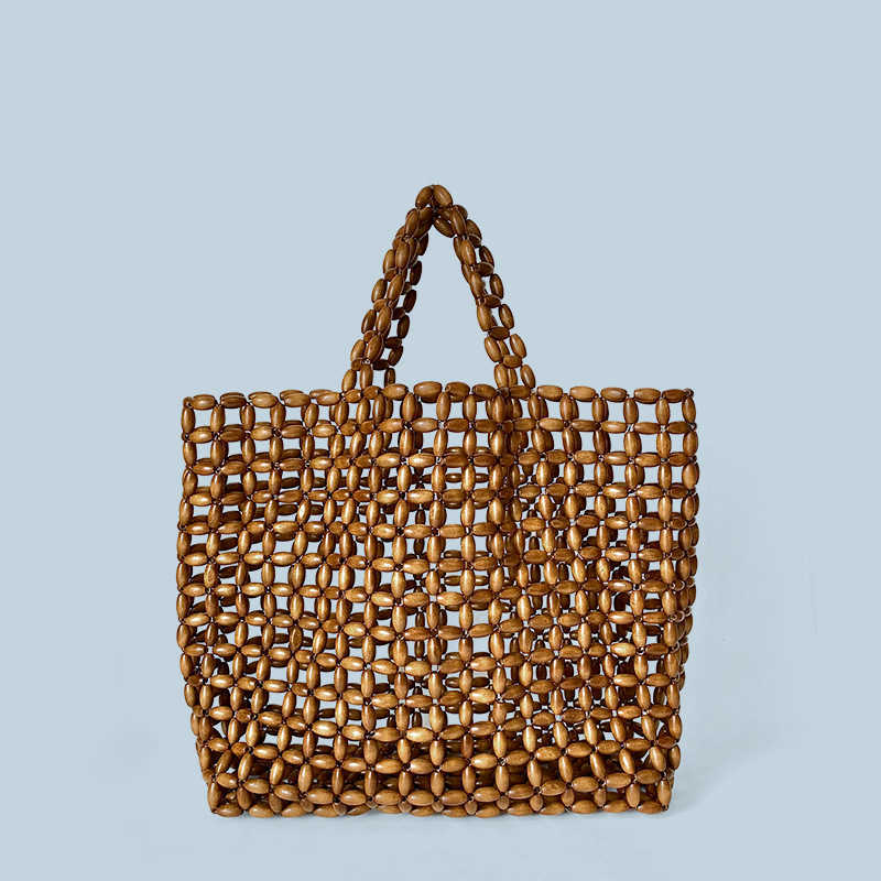 Korean Ins Niche Design Wooden Bead Bag Hand Woven Bag Armpit Bag Shoulder Bag Hollowed Out Bag Vacation Beach Bag 250315