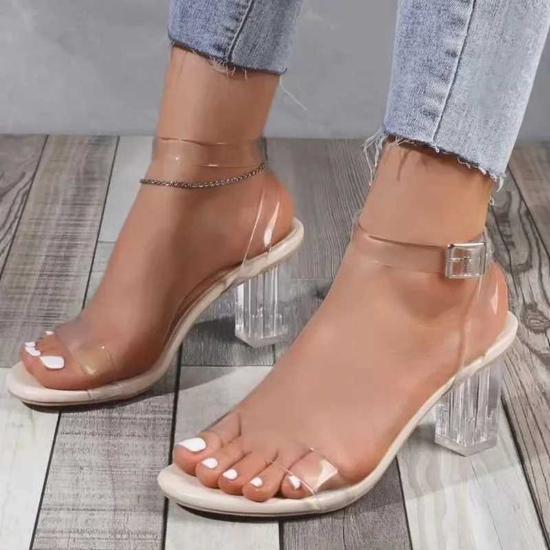 Open Toe Buckle Strap Sandals Ran Square Heel High H Sandals Win 2025 Summer Shoes Fi PVC Wedge Ladies Pumps Y250304
