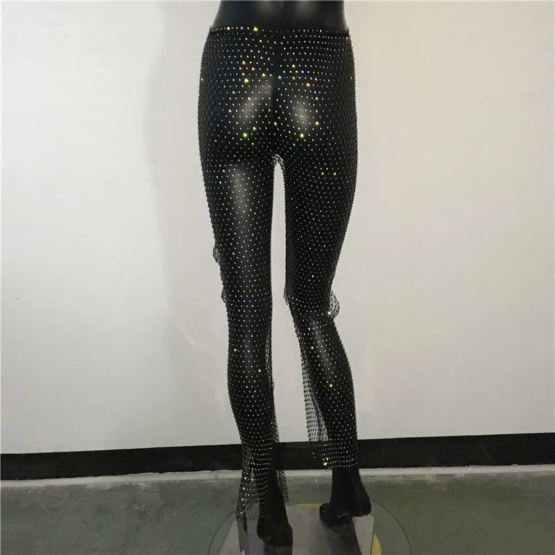 Sexy y2k streetwear Fishnet Rhinestone pants women clothing see through club party pants vintage clothes wide leg pants trousers 250304