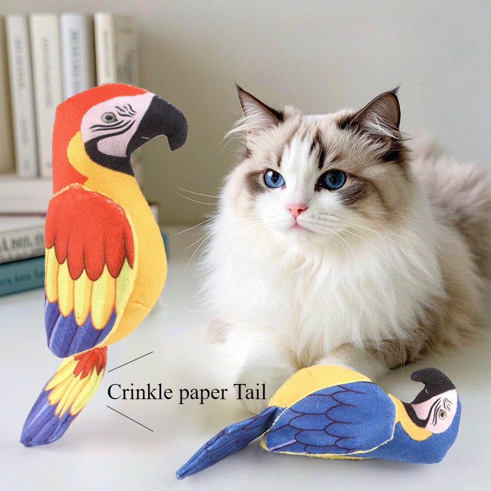 Plush Crinkle Paper Pet Toy Simulation Parrot Chew Toy for Dogs Cats Interactive Noise-Making Cat Teaser with Furry Exterior