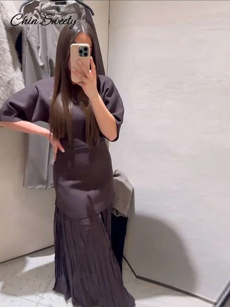 Elegant Patchwork Long Dress Women Brown Knitted O-Neck Half Sleeve Slim Pleat Dresses Spring Summer Lady High Street Robes