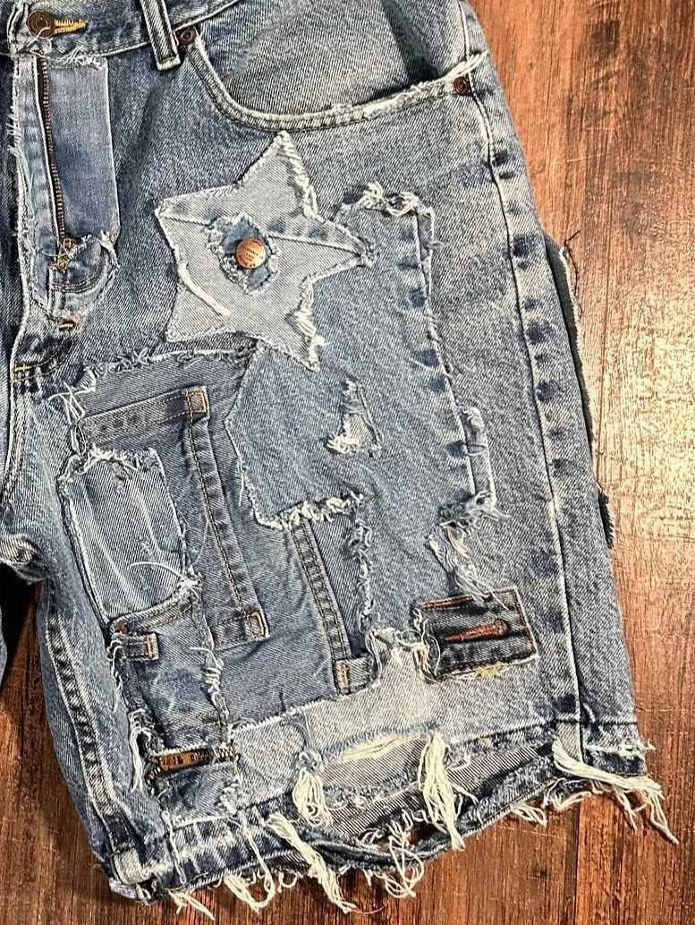 Vintage Patchwork Ripped Denim Shorts Y2K Jeans Mens Womens Hip Hop Vintage Ripped Retro Blue Baggy Denim Fitness Casual ShortsT250305