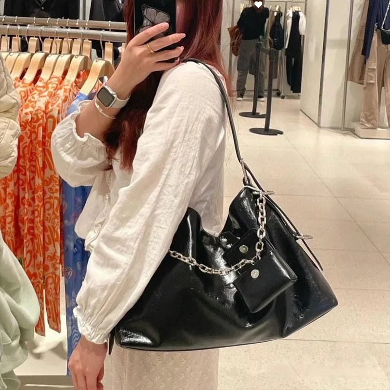 Bag for Women Fashion Shopping Bag PU Top-Handle Handbag High Capacity Silver Black Casual Leather Tote Bag 250304