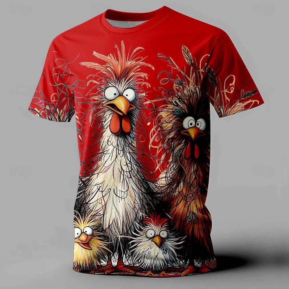 T-shirt short sleeves round neck for men, humorous and casual, printed animal chicken, street fashion, oversized clothing, summer
