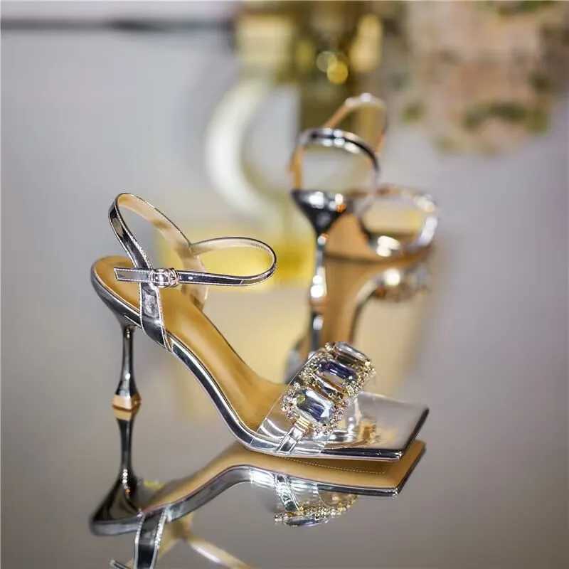 Gold Jewelry High Heels Sandals Women Summer Square Toe Shiny Crystal Sandals Woman Ankle Straps Thin Heel Party Pumps ShoesXJ2500305