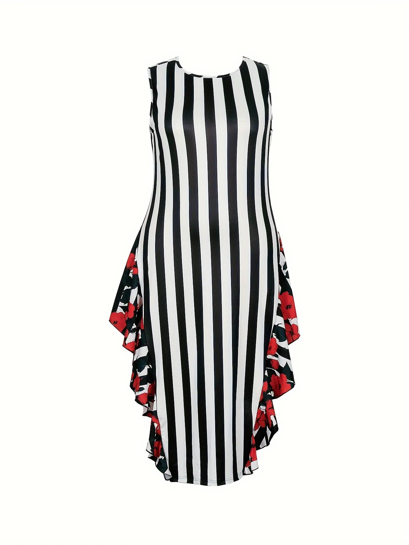 Plus Size Womens Casual Fashion Sleeveless Black and White Striped Fishtail Hem Dresses 250225