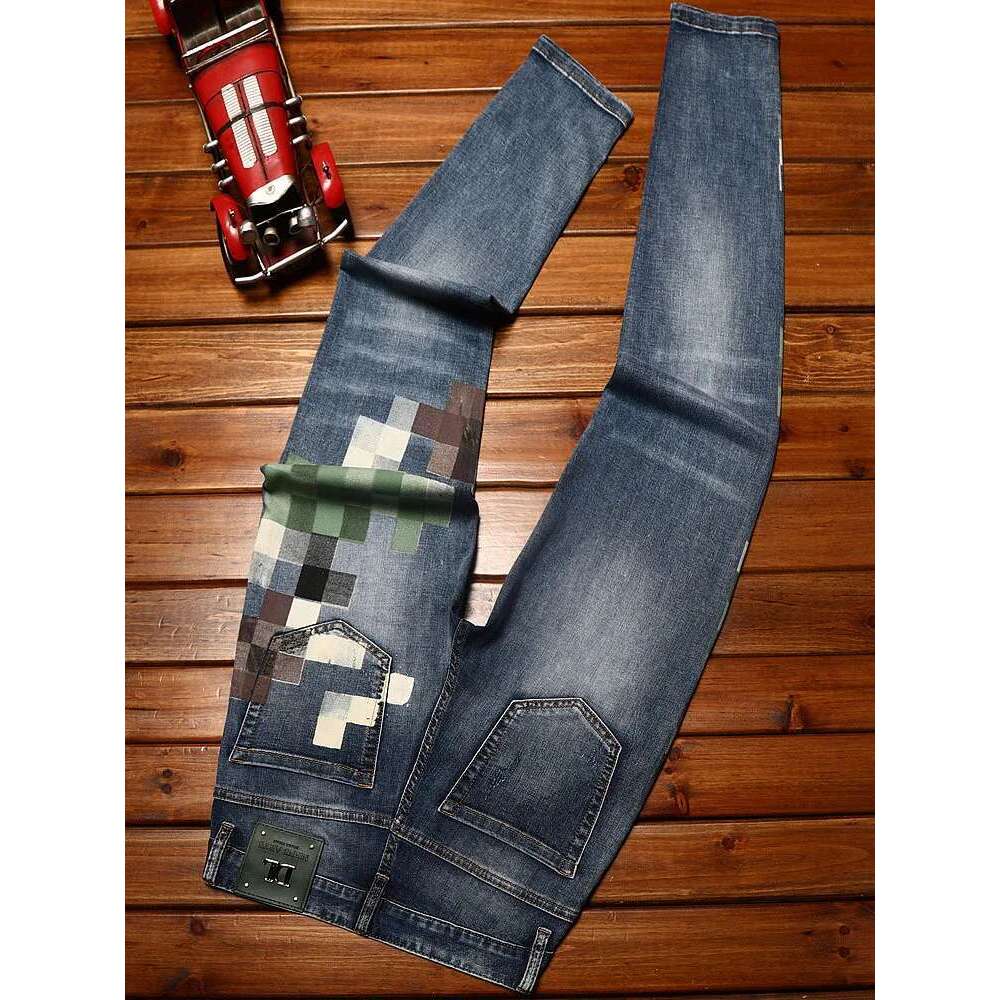 Trendy Design Mosaic Printed Jeans For Men's Fashionable Summer Thin Casual And Handsome Elastic Denim Slim Fit Small Leg Pants