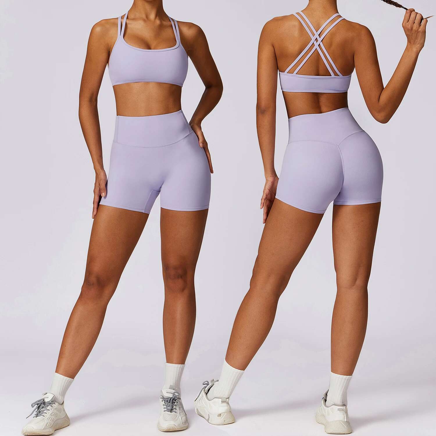 2 Piece Gym Outfits Women Tracksuit Sets High Waist Legging Shorts And Open Back Sports Bra Fiess Suit Yoga Clothing