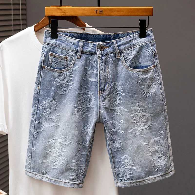 2024 Summer New Personality Dragon Print Stylish Straight Blue Denim Shorts Male Street Style Mens Straight Denim ShortsT250305
