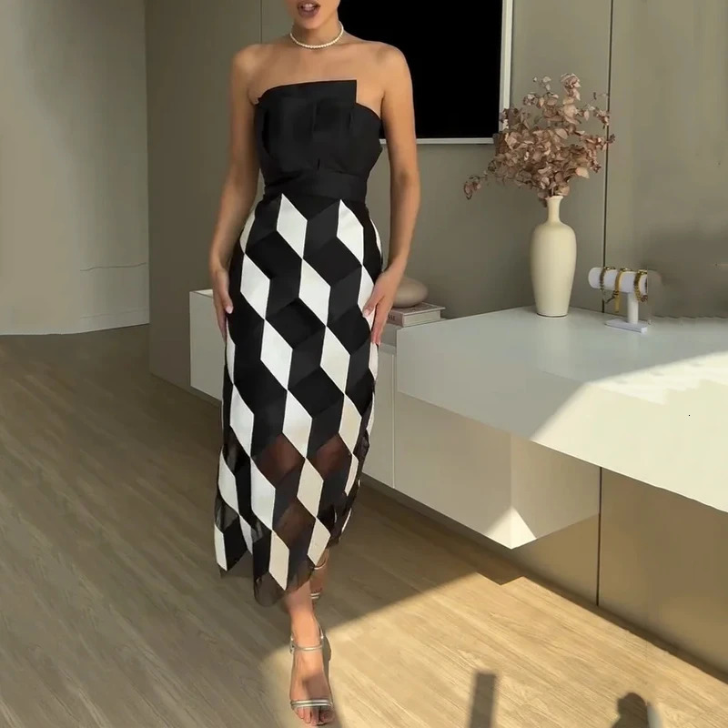Wefads Midi Dres Fashion Sleeveless Tube Nipped Waist Contrast Multifaceted Printed Evening Party Dresses Streetwear 250304