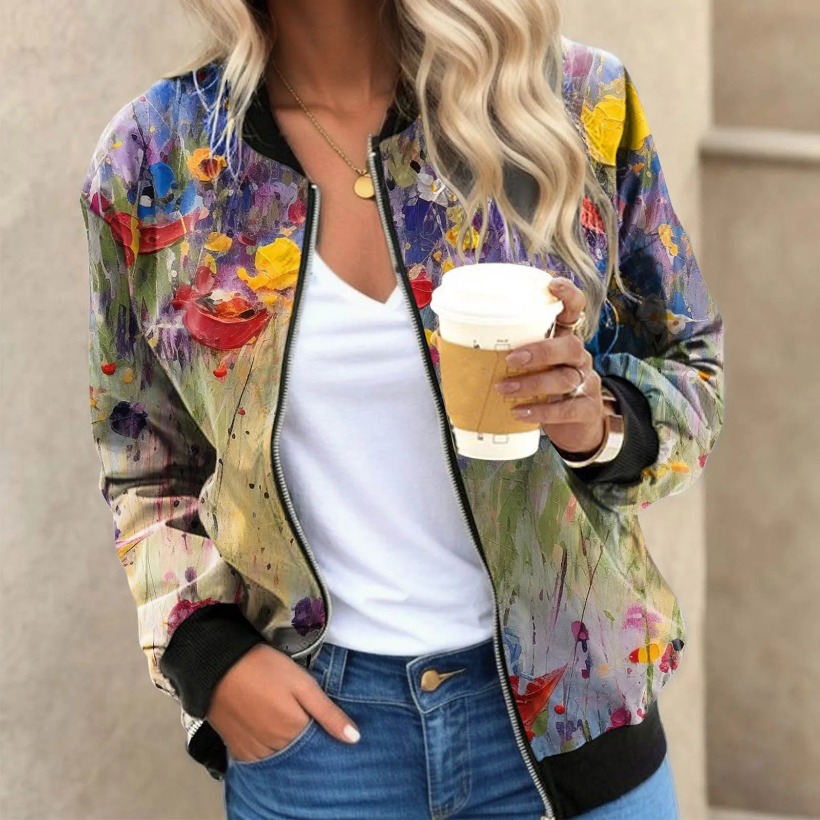 3D Floral Printed Womens Jackets Coat Outwear Autumn Long Sleeve Slim Bomber Jacket Tops Casual Woman Zipper Short Jackets 250304