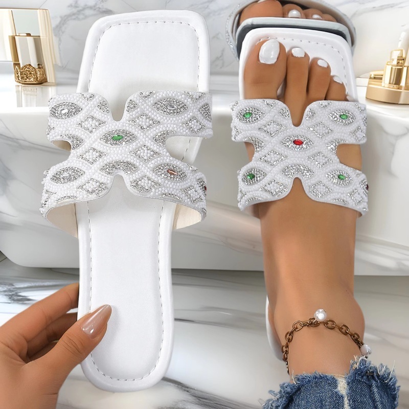 2025 Summer Designer Women's Large Slippers New Trendy Casual Sandals Square Head Flat Bottom Outer Rhinestone Straight Drag Size 43