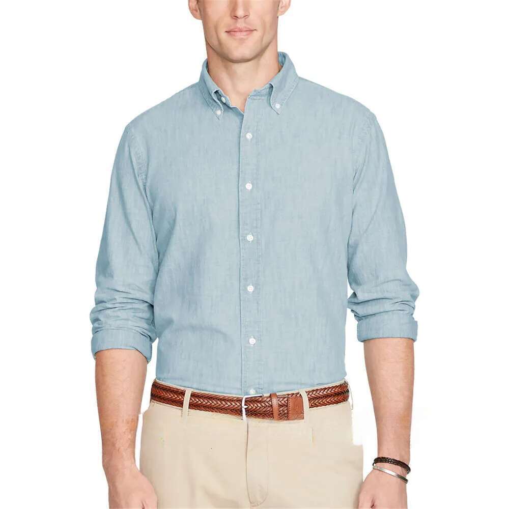 Men's 100% Cotton Denim Casual Long Sleeve Striped Turn-Down Collar Business Dress Shirt Comfortable Top For Spring And Autumn Fashion Classic Sh