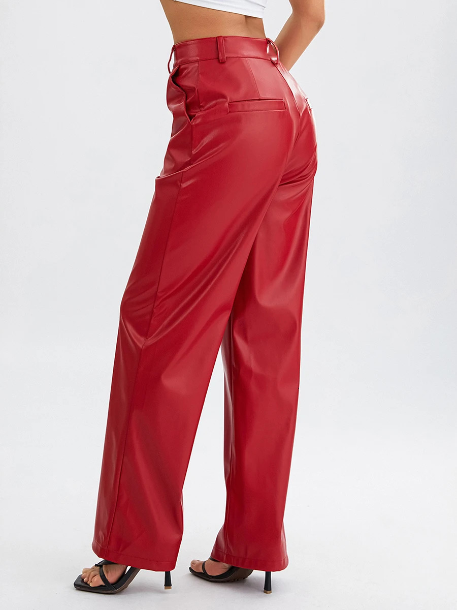 Women Loose Style PU Leather Trousers with Pockets Solid Color High Waist Straight-leg Pants Brown/ Black/Green/Red 250304