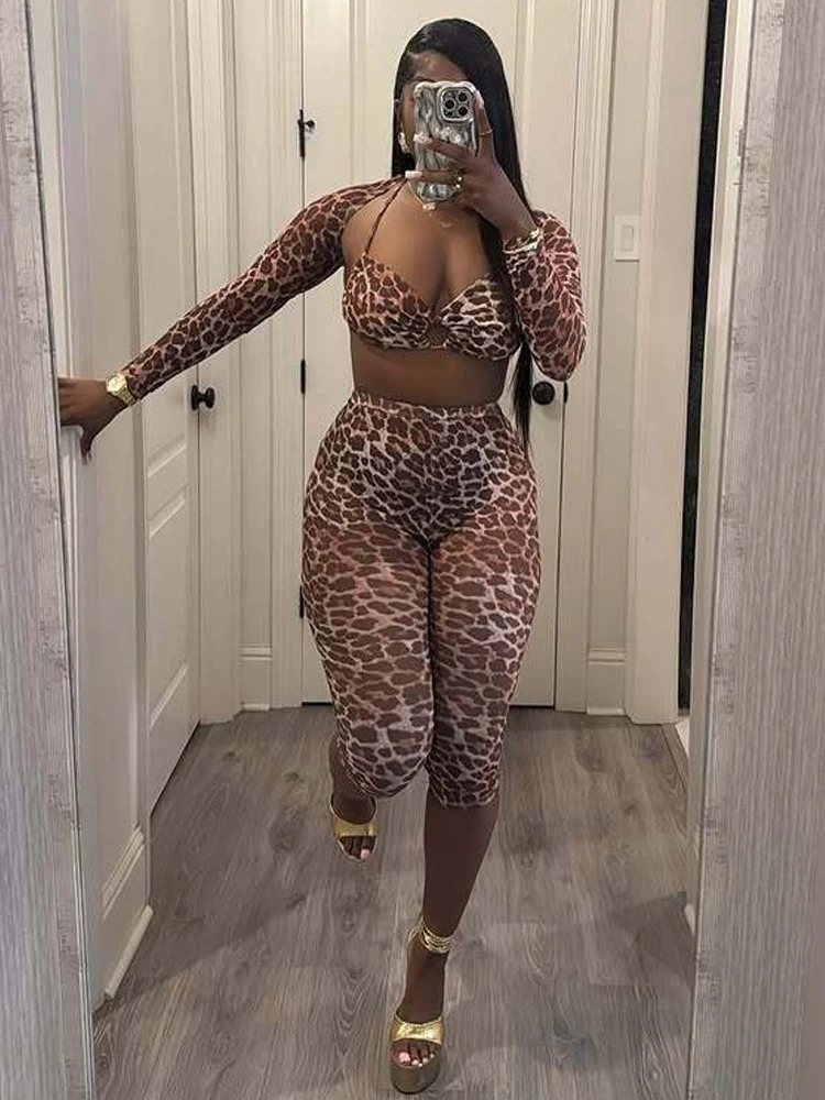 Weird Puss Sexy 3 Piece Set Women Leopard Print Mesh Full Sleeve ShawlBandage Metal Buckle BrPants Street Trend Matching Suit 250304