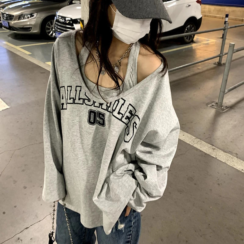 Y2k Baggy Halter Two Piece Sweatshirt Women Letter Print Loose Aesthetic Hoodies Women Retro Fashion Casual Streetwear Tops 250304