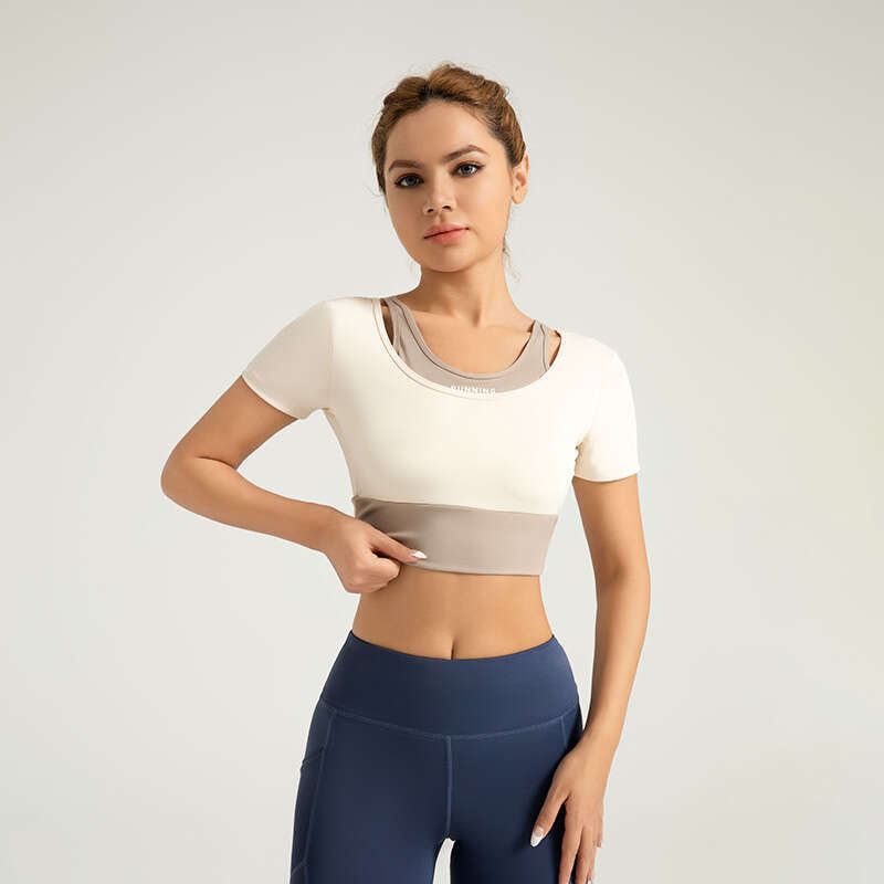 Special Zone Color Blocked Fake Two Piece Yoga Short Sleeved Non Wear Bra Sports Top KLMY