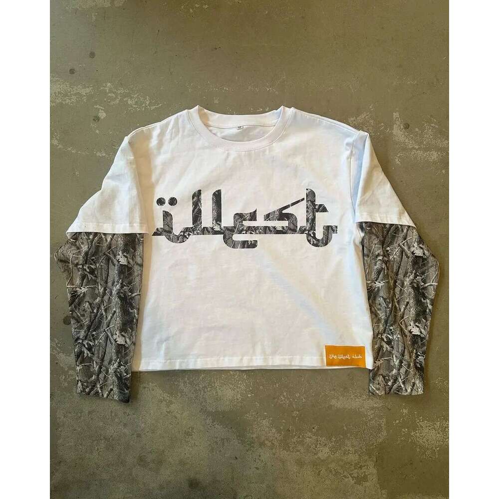 American Y2k street fashion camouflage print patchwork shirt T-shirt men's long sleeved loose sweatshirt