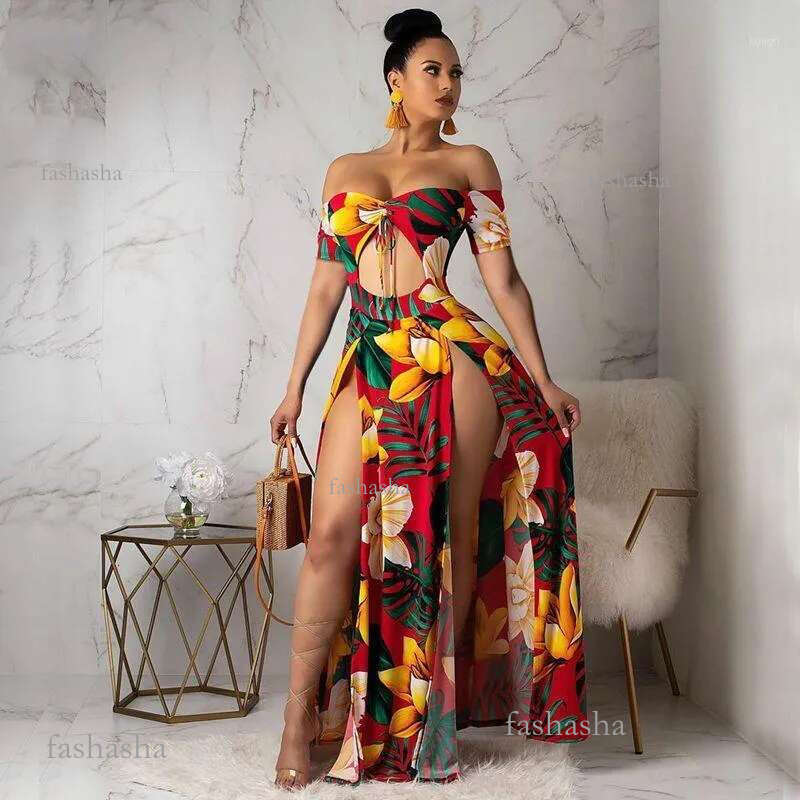Boho Printed Summer Beach Maxi Dress Strapless Off Shoulder Sexy High Slit Sundress Womens Robe Hollow Out Long Dr