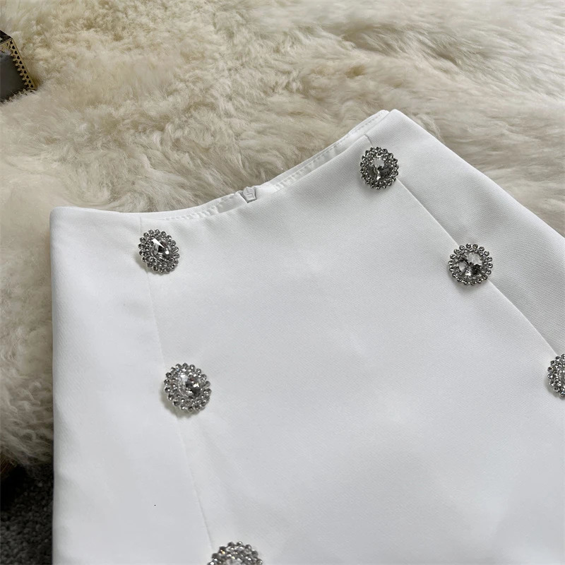 Heavy Diamond DoubleBreasted Suit Shorts Skirt Women Summer Korean Casual High Waist Slimming ALine Wide Leg 250304