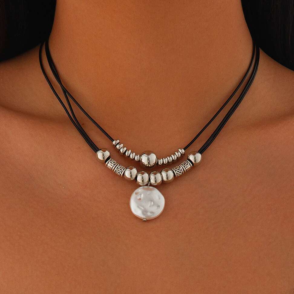 KunJoe Vintage Multilayer Leather Rope Chain Plastic Beads Choker Short Women Simple Imitation Pearl Pendant Necklace