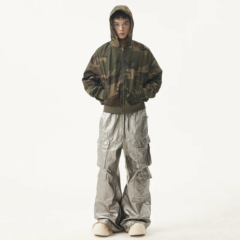 PFNW American Mens Trousers Drawstring Multiple Pockets Matte Coating Silver Stacking Slightly Flared Cargo Pants 28W5487 250304