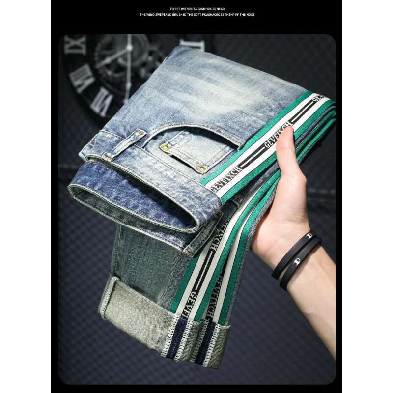 High-End Light Blue Striped Jeans Men's 2024 Spring Street Versatile Slim Fit Skinny Ripped Trousers