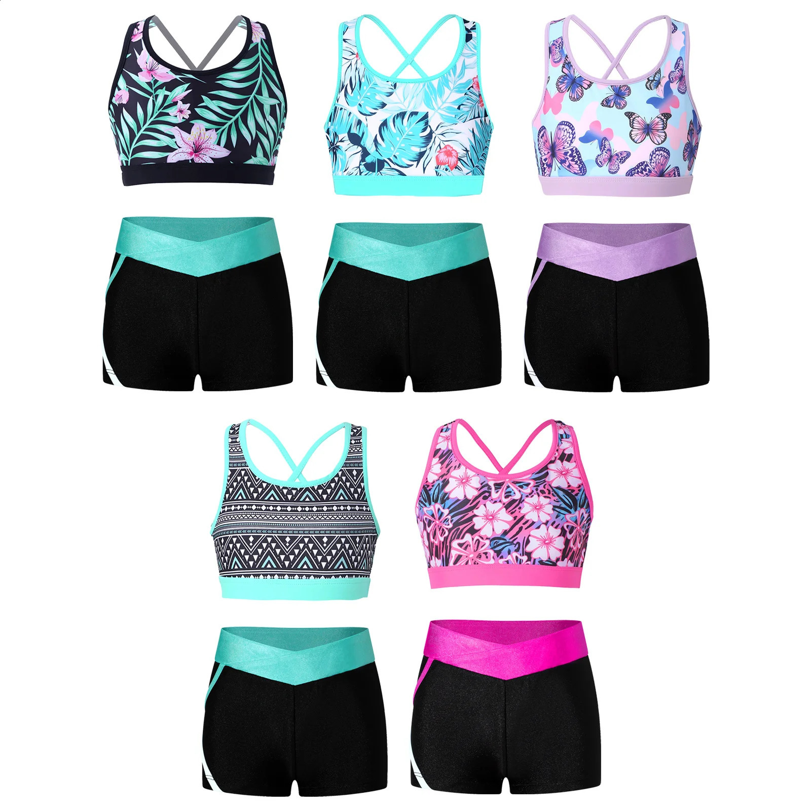 Kids Girls 2 Pieces Swimsuit Bikini Tankini Set Crop Tank Tops and Booty Shorts Dance Outfits Gymnastics Ballet Dance Costumes 250304