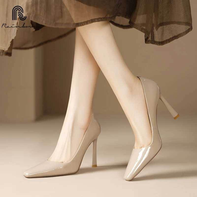 33-40 Handmade Genuine Leather Shoes Trend Luxury Wen Pumps Pointed square Toe High H Party Elegant Ladies Off Y250304