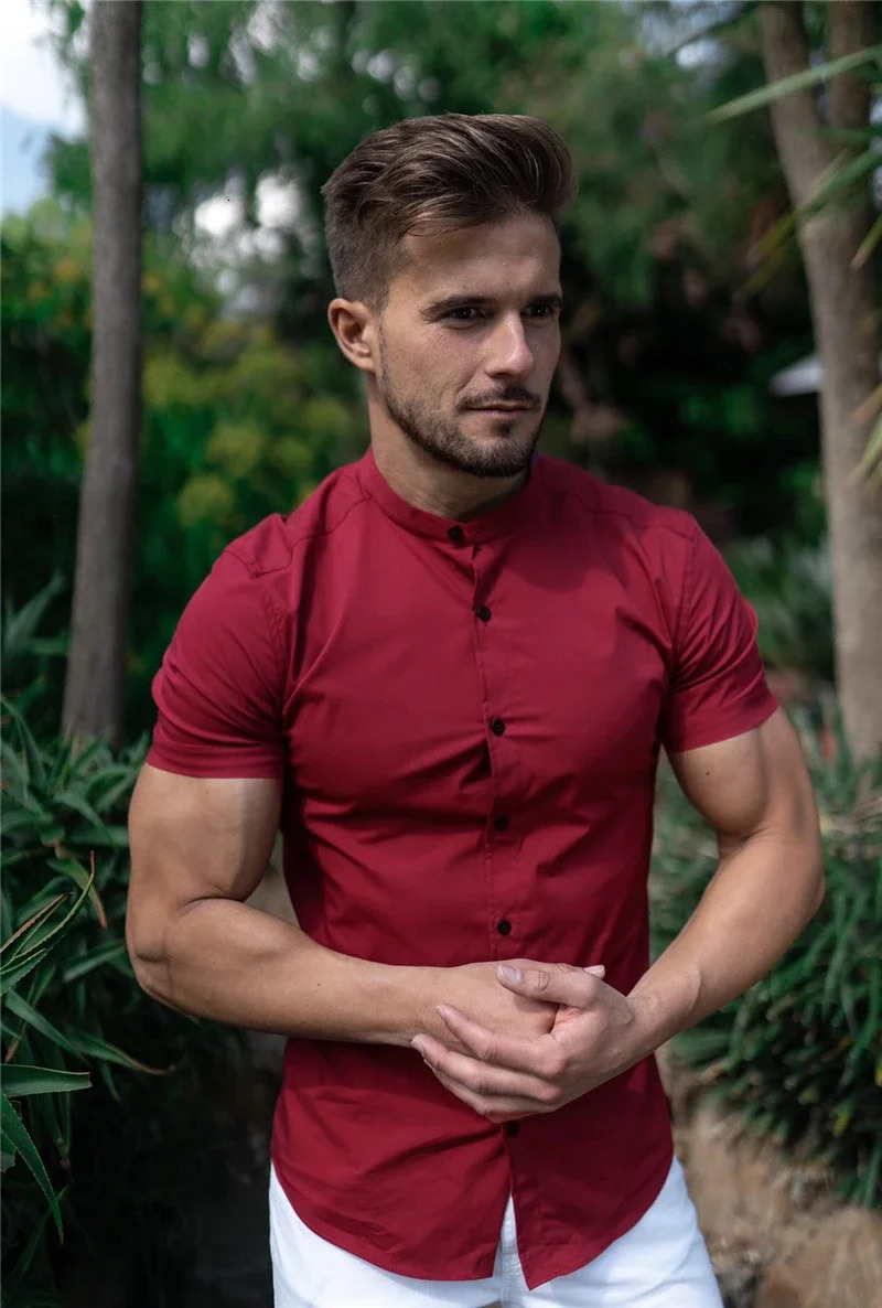 Mens Short Sleeve Shirt Summer Plain Slim Fit Dress Shirts Fitness Men Gym Clothing Fashion Casual Social Stand Business 250227
