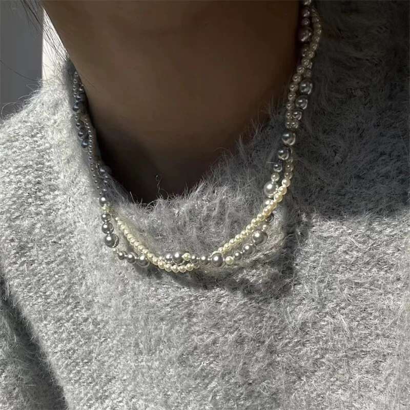 Fashion Imitation Pearl Wrapped Double Layer Magnetic Buckle Neck Chain Choker Necklace Jewelry Gift