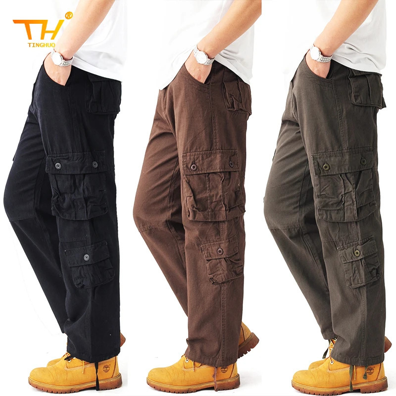 Mens tactical solid color coated highquality cotton multi pocket Trouser sports training casual work pants 250304