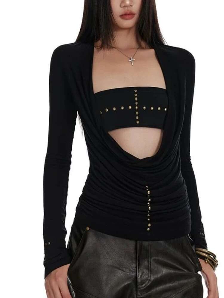 Two Pieces Set Punk Cross Rivets Sexy Women Strapless + Slim Haruku Vintage Solid Knitted T-Shirt Y2k Aesthetic Fashion Outfit