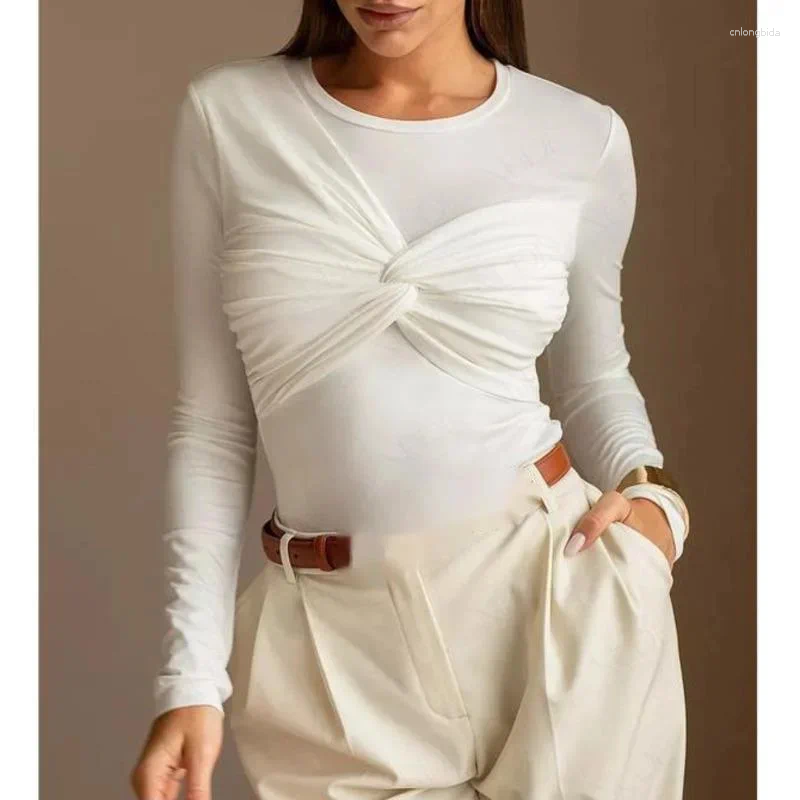 Women's Polos Tops Tees Jumpsuit Round Neck Long Sleeved Tight Fitting Eur America Sexy Pleated High Street Mid Waist Top