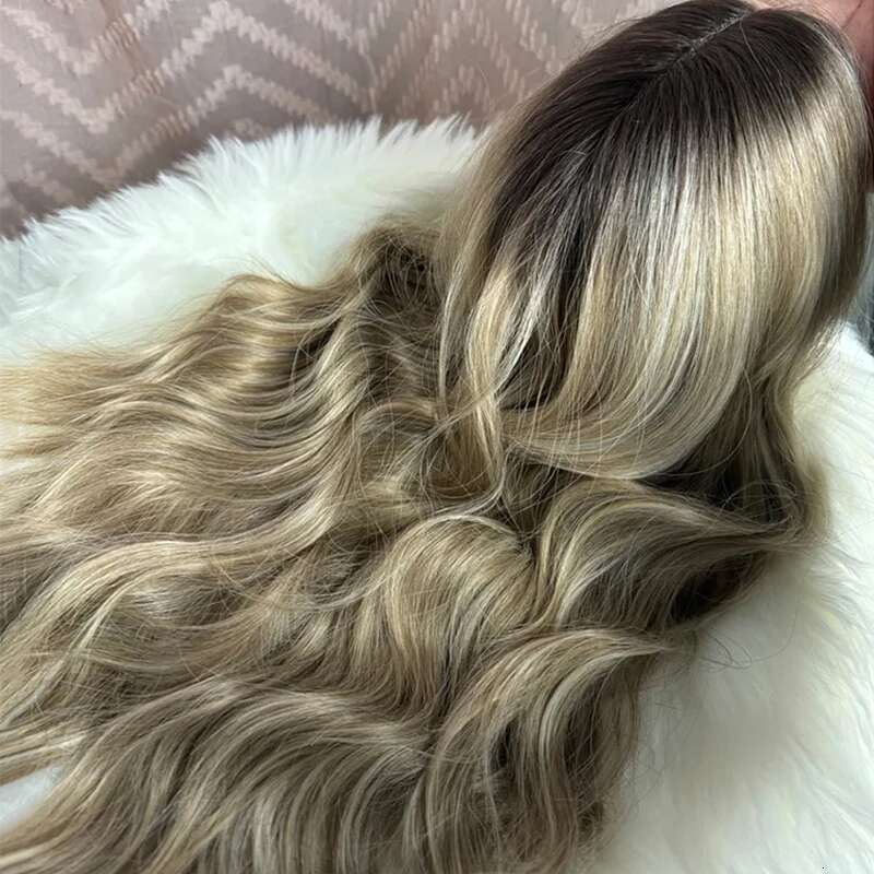 Ombre Ash Blonde Highlight 13X4 Synthetic Hair Front Wigs For Women Dark Roots 26Inch Long Body Wave HD Lace Wig Wear To Go
