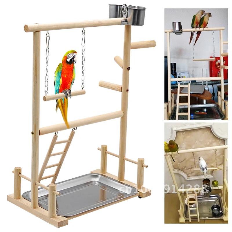 Parrot Playstands With Cup Toys Hanging Bird Swing Climbing Perches Bridge Cockatiel 36*23*51cm Bird Wood Ladder Playground Tray