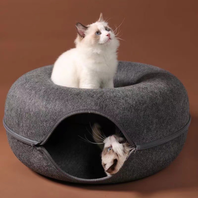 2025 Toys Cat Nest Donut Tunnel Bed Pets House Natural Felt Pet Cave Round Wool for Small Dogs Interactive Play Toycat (Upgraded version thicker + Cat