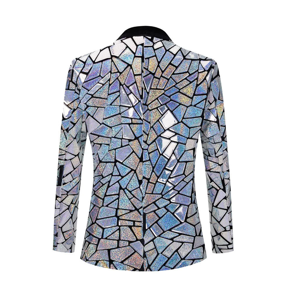 Mens Laser Sequin Blazer Jacket Shawl Lapel One Button Shiny Groom Wedding Party Suit Tuxedo Nightclub Host Mirror Coat 250304
